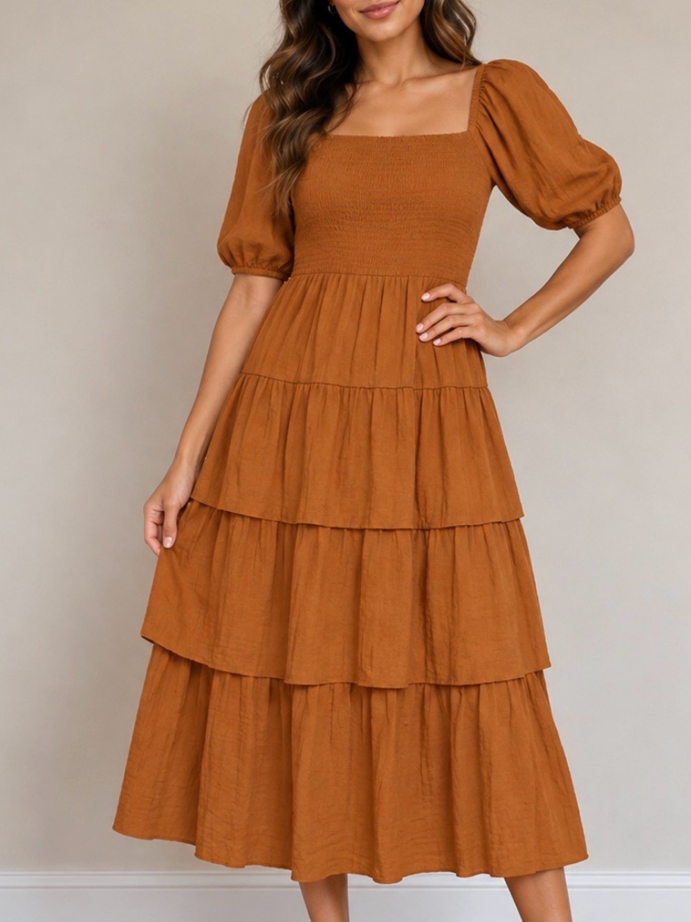 Rust caramel Yellow Smocked Tiered Maxi Dress puff sleeve BoHo Fall Prarie P XL